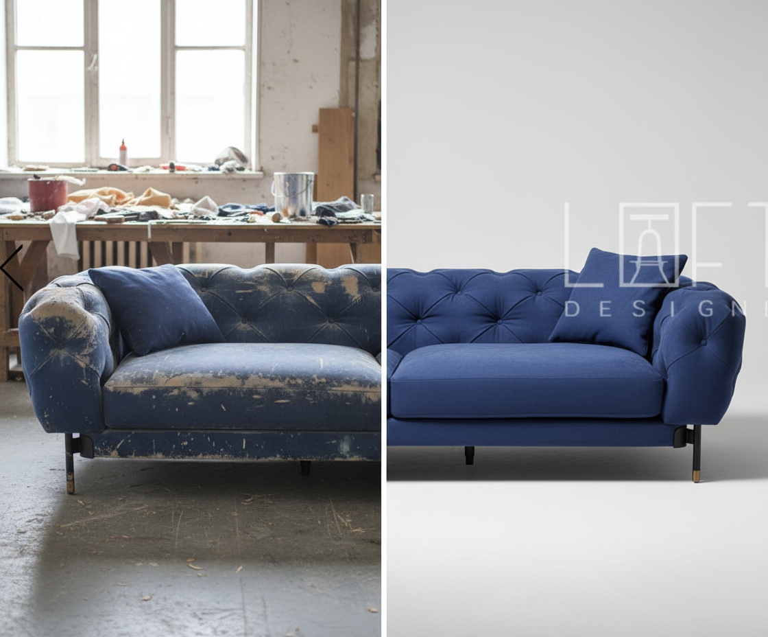 Перетяжка синего дизайнерского дивана в Москве - примеры работ